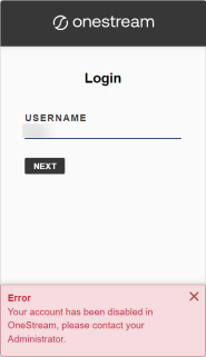 The Login dialog box has a black banner at the top with the OneStream logo. The error message at the bottom of the dialog box has a pink background with red text.